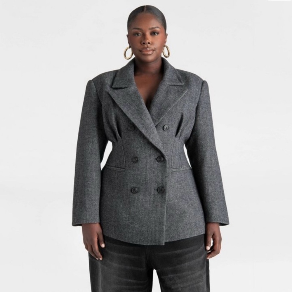 Kbb by Kahlana Herringbone Gray Double-Breasted Blazer XL